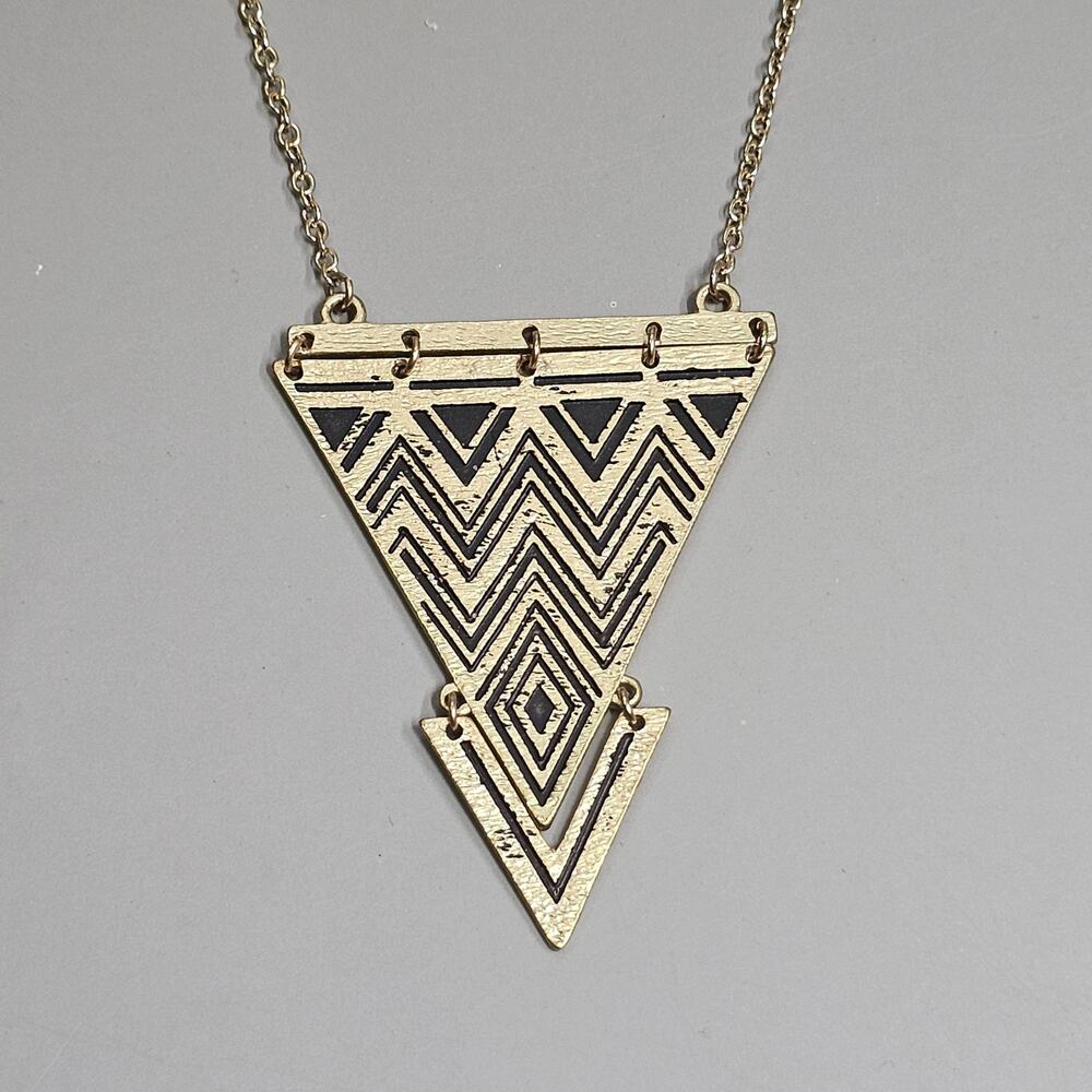 Tribal Arrowhead Black and Gold Geometric Triangle Necklace Goldtone Boho